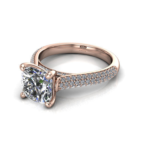 Izabella cushion solitaire engagement ring in 18K Rose Gold, three-quarter perspective showing the brilliant cushion-cut center diamond on a 3-sided micropave diamond band