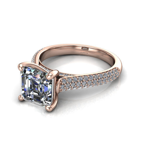 Izabella square emerald solitaire engagement ring in 14K Rose Gold, three-quarter perspective showing the step-cut square emerald center diamond on a 3-sided micropave diamond band