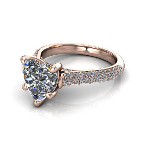 Izabella heart solitaire engagement ring in 14K Rose Gold, three-quarter perspective showing the brilliant heart-shaped center diamond on a 3-sided micropave diamond band