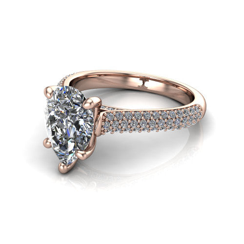 Izabella pear solitaire engagement ring in 18K Rose Gold, three-quarter perspective showing the brilliant pear-cut center diamond on a 3-sided micropave diamond band