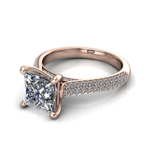 Izabella princess solitaire engagement ring in 14K Rose Gold, three-quarter perspective showing the brilliant princess-cut center diamond on a 3-sided micropave diamond band