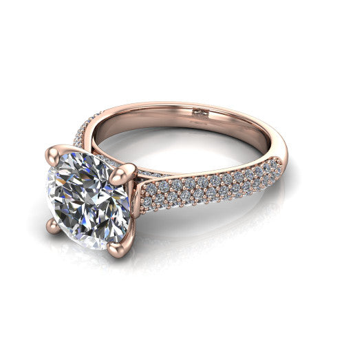 Izabella round solitaire engagement ring in 18K Rose Gold, three-quarter perspective showing the brilliant round center diamond on a 3-sided micropave diamond band