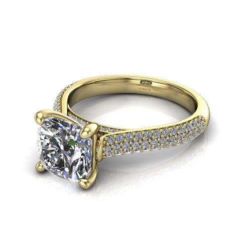 Izabella cushion solitaire engagement ring in 18K Yellow Gold, three-quarter perspective showing the brilliant cushion-cut center diamond on a 3-sided micropave diamond band