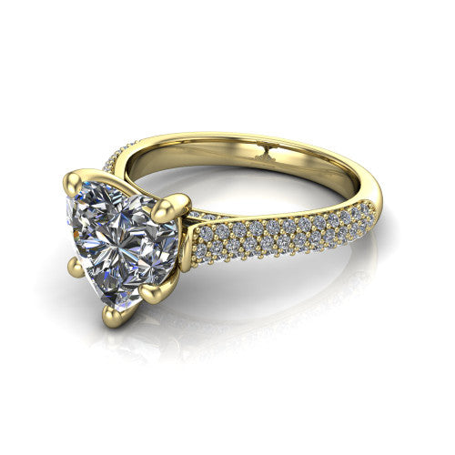 Izabella heart solitaire engagement ring in 18K Yellow Gold, three-quarter perspective showing the brilliant heart-shaped center diamond on a 3-sided micropave diamond band