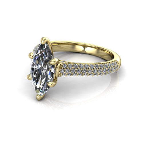 Izabella marquise solitaire engagement ring in 18K Yellow Gold, three-quarter perspective showing the brilliant marquise center diamond on a 3-sided micropave diamond band
