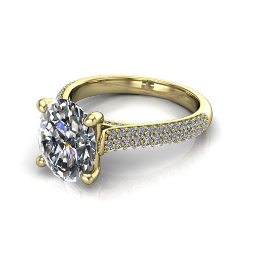 Izabella oval solitaire engagement ring in 14K Yellow Gold, three-quarter perspective showing the brilliant oval center diamond on a 3-sided micropave diamond band