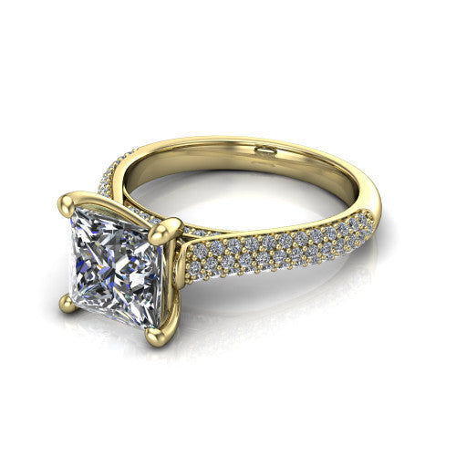 Izabella princess solitaire engagement ring in 14K Yellow Gold, three-quarter perspective showing the brilliant princess-cut center diamond on a 3-sided micropave diamond band
