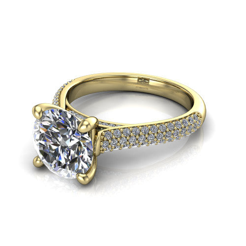 Izabella round solitaire engagement ring in 14K Yellow Gold, three-quarter perspective showing the brilliant round center diamond on a 3-sided micropave diamond band
