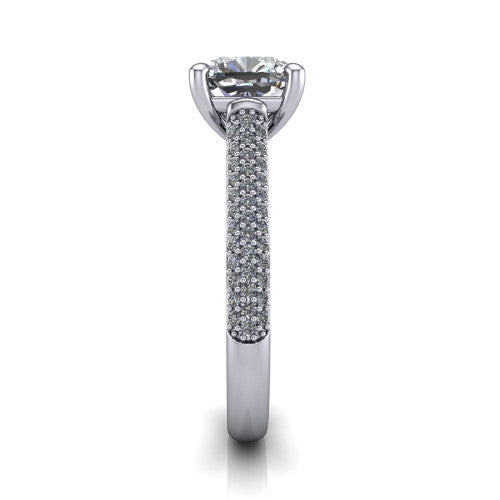 Izabella cushion solitaire engagement ring in 18K White Gold, side profile showing the 3-sided micropave diamonds wrapping the top and outer sides of the shank
