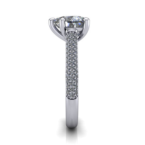 Izabella heart solitaire engagement ring in 14K White Gold, side profile showing the 3-sided micropave diamonds wrapping the top and outer sides of the shank