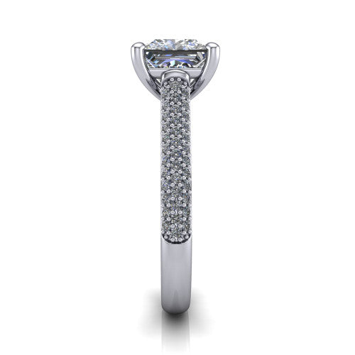 Izabella princess solitaire engagement ring in 18K White Gold, side profile showing the 3-sided micropave diamonds wrapping the top and outer sides of the shank