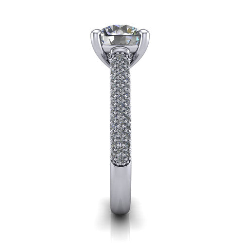 Izabella round solitaire engagement ring in 14K White Gold, side profile showing the 3-sided micropave diamonds wrapping the top and outer sides of the shank