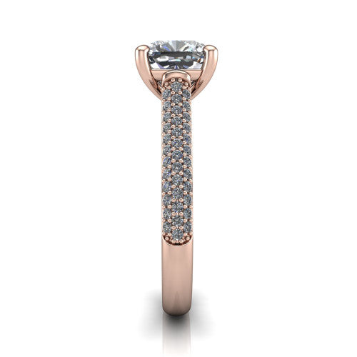 Izabella cushion solitaire engagement ring in 14K Rose Gold, side profile showing the 3-sided micropave diamonds wrapping the top and outer sides of the shank
