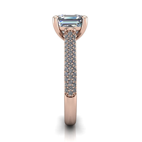 Izabella square emerald solitaire engagement ring in 18K Rose Gold, side profile showing the 3-sided micropave diamonds wrapping the top and outer sides of the shank