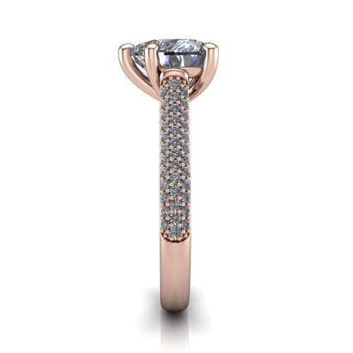 Izabella heart solitaire engagement ring in 14K Rose Gold, side profile showing the 3-sided micropave diamonds wrapping the top and outer sides of the shank