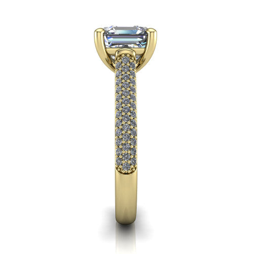 Izabella square emerald solitaire engagement ring in 14K Yellow Gold, side profile showing the 3-sided micropave diamonds wrapping the top and outer sides of the shank