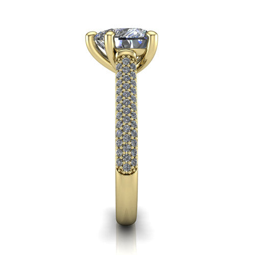 Izabella heart solitaire engagement ring in 18K Yellow Gold, side profile showing the 3-sided micropave diamonds wrapping the top and outer sides of the shank