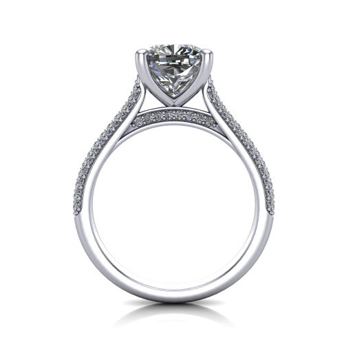 Izabella cushion solitaire engagement ring in 14K White Gold, through-finger front profile showing the tall basket, cathedral lift, and micropave shank