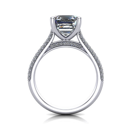 Izabella square emerald solitaire engagement ring in 18K White Gold, through-finger front profile showing the tall basket, cathedral lift, and micropave shank