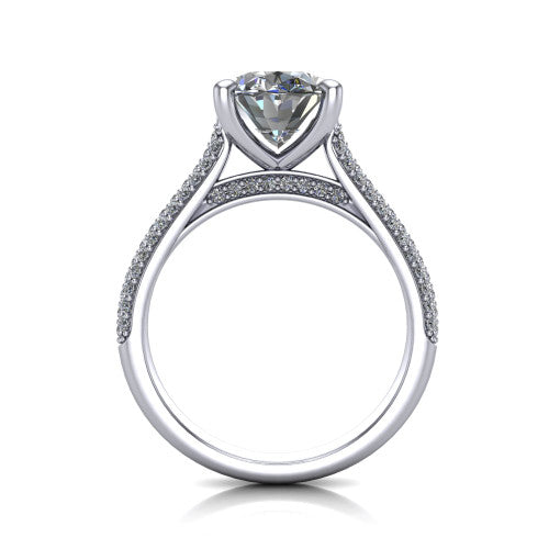 Izabella oval solitaire engagement ring in 18K White Gold, through-finger front profile showing the tall basket, cathedral lift, and micropave shank