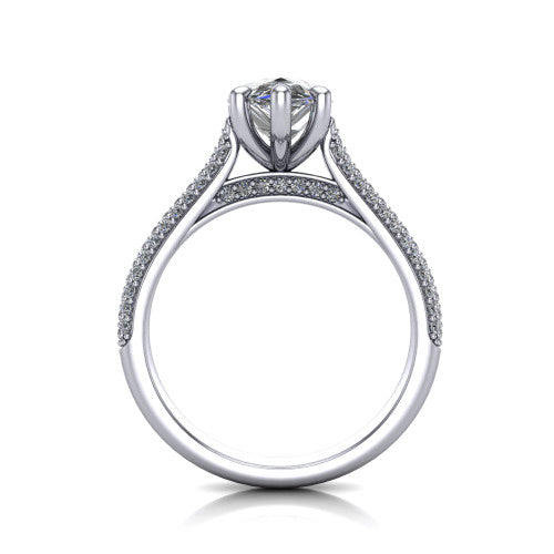 Izabella pear solitaire engagement ring in 14K White Gold, through-finger front profile showing the tall basket, cathedral lift, and micropave shank