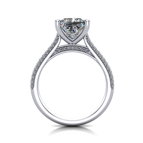 Izabella princess solitaire engagement ring in Platinum, through-finger front profile showing the tall basket, cathedral lift, and micropave shank