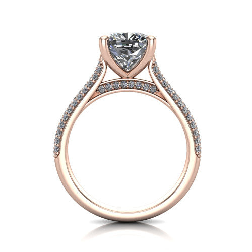 Izabella cushion solitaire engagement ring in 14K Rose Gold, through-finger front profile showing the tall basket, cathedral lift, and micropave shank