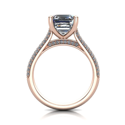 Izabella square emerald solitaire engagement ring in 18K Rose Gold, through-finger front profile showing the tall basket, cathedral lift, and micropave shank