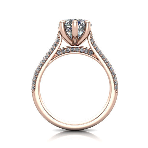 Izabella heart solitaire engagement ring in 18K Rose Gold, through-finger front profile showing the tall basket, cathedral lift, and micropave shank
