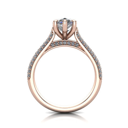Izabella pear solitaire engagement ring in 14K Rose Gold, through-finger front profile showing the tall basket, cathedral lift, and micropave shank