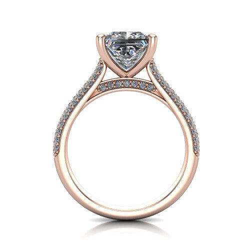 Izabella princess solitaire engagement ring in 14K Rose Gold, through-finger front profile showing the tall basket, cathedral lift, and micropave shank