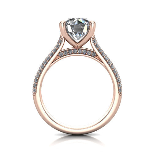 Izabella round solitaire engagement ring in 14K Rose Gold, through-finger front profile showing the tall basket, cathedral lift, and micropave shank