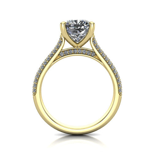 Izabella cushion solitaire engagement ring in 18K Yellow Gold, through-finger front profile showing the tall basket, cathedral lift, and micropave shank
