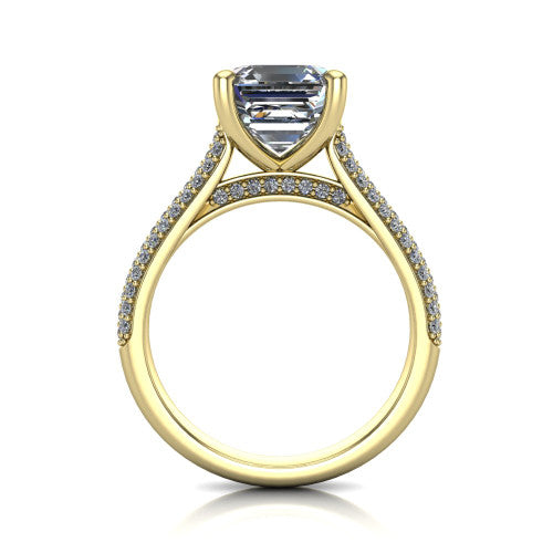 Izabella square emerald solitaire engagement ring in 14K Yellow Gold, through-finger front profile showing the tall basket, cathedral lift, and micropave shank