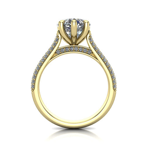 Izabella heart solitaire engagement ring in 14K Yellow Gold, through-finger front profile showing the tall basket, cathedral lift, and micropave shank