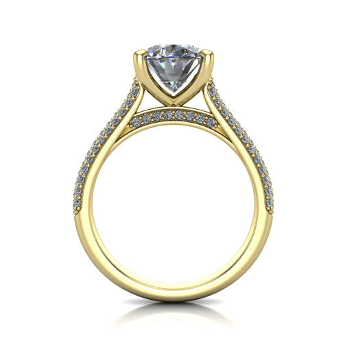 Izabella oval solitaire engagement ring in 14K Yellow Gold, through-finger front profile showing the tall basket, cathedral lift, and micropave shank