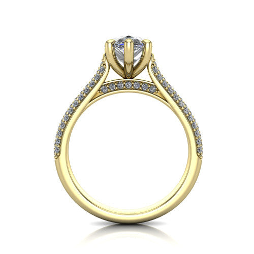 Izabella pear solitaire engagement ring in 14K Yellow Gold, through-finger front profile showing the tall basket, cathedral lift, and micropave shank