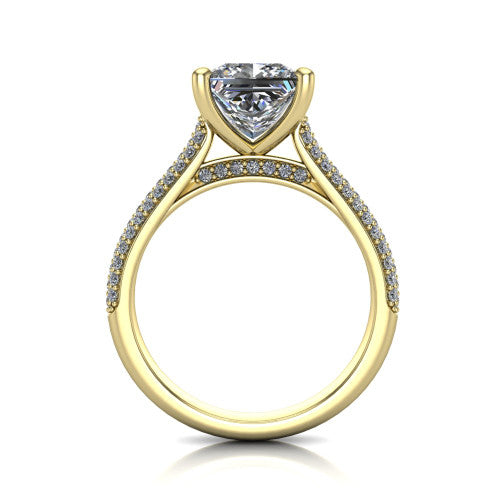 Izabella princess solitaire engagement ring in 18K Yellow Gold, through-finger front profile showing the tall basket, cathedral lift, and micropave shank