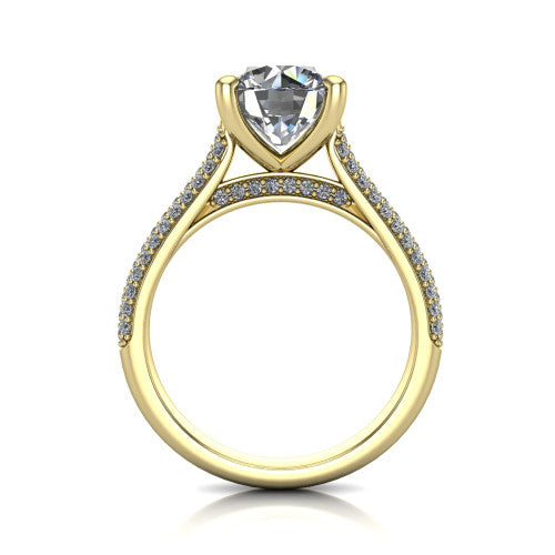 Izabella round solitaire engagement ring in 18K Yellow Gold, through-finger front profile showing the tall basket, cathedral lift, and micropave shank