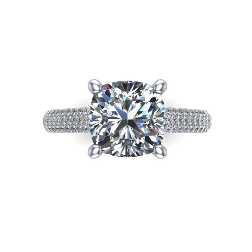 Izabella cushion solitaire engagement ring in 14K White Gold, top-down view showing the brilliant cushion-cut center diamond above the micropave band