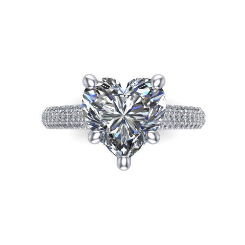 Izabella heart solitaire engagement ring in 14K White Gold, through-finger front profile showing the tall basket, cathedral lift, and micropave shank