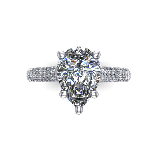 Izabella pear solitaire engagement ring in 14K White Gold, top-down view showing the brilliant pear-cut center diamond above the micropave band