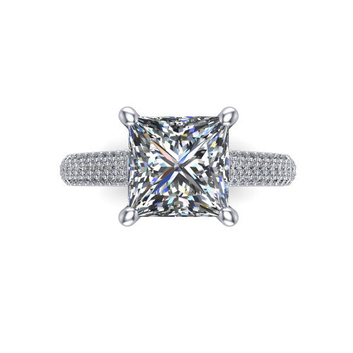 Izabella princess solitaire engagement ring in 14K White Gold, top-down view showing the brilliant princess-cut center diamond above the micropave band