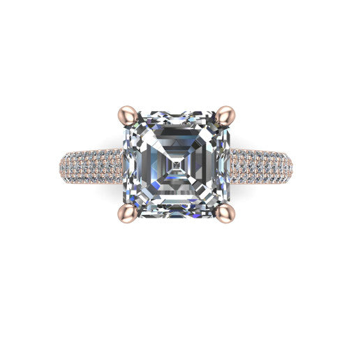 Izabella square emerald solitaire engagement ring in 18K Rose Gold, top-down view showing the step-cut square emerald center diamond above the micropave band