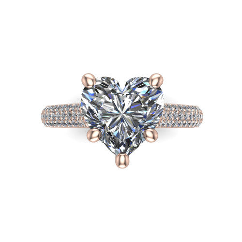 Izabella heart solitaire engagement ring in 18K Rose Gold, top-down view showing the brilliant heart-shaped center diamond above the micropave band
