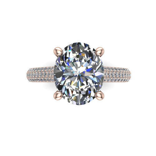 Izabella oval solitaire engagement ring in 14K Rose Gold, top-down view showing the brilliant oval center diamond above the micropave band