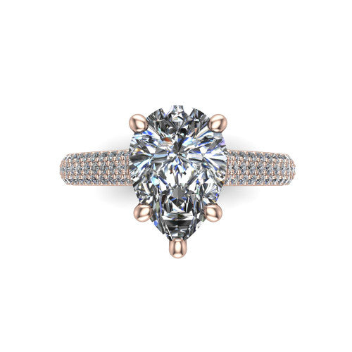 Izabella pear solitaire engagement ring in 14K Rose Gold, top-down view showing the brilliant pear-cut center diamond above the micropave band