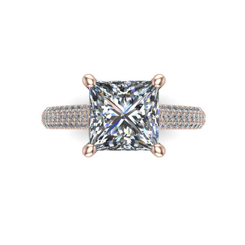 Izabella princess solitaire engagement ring in 18K Rose Gold, top-down view showing the brilliant princess-cut center diamond above the micropave band