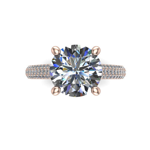 Izabella round solitaire engagement ring in 18K Rose Gold, top-down view showing the brilliant round center diamond above the micropave band