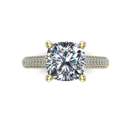 Izabella cushion solitaire engagement ring in 14K Yellow Gold, top-down view showing the brilliant cushion-cut center diamond above the micropave band